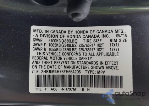 2015 Honda Cr-V Ex-L from USA, damaged, VIN 2HKRM4H76FH664206